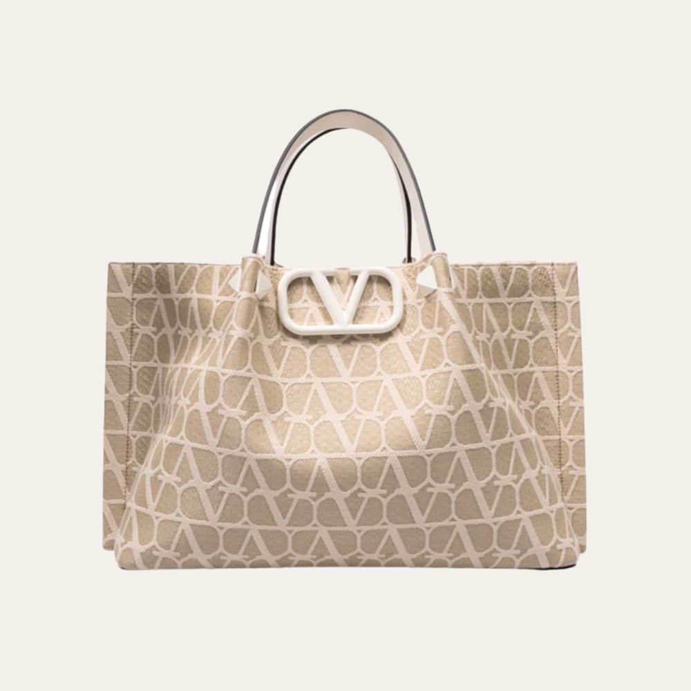 Valentino Garavani VLogo Embroidered Raffia Tote Beige 13.8 Inches