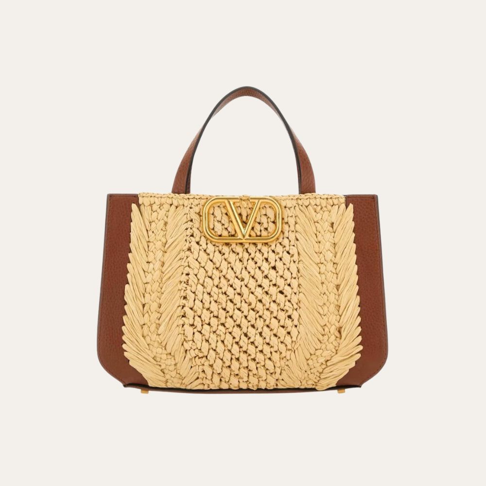 Valentino Garavani VLogo Signature Handbag With Raffia Embroidery 8.7 Inches