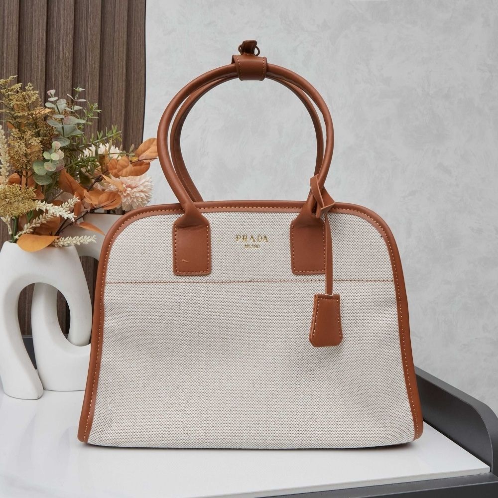 Prada Medium Blend And Leather Tote Bag Tan And Caramel 13 Inches 1BG572 2HJA F0KFZ V OOZ