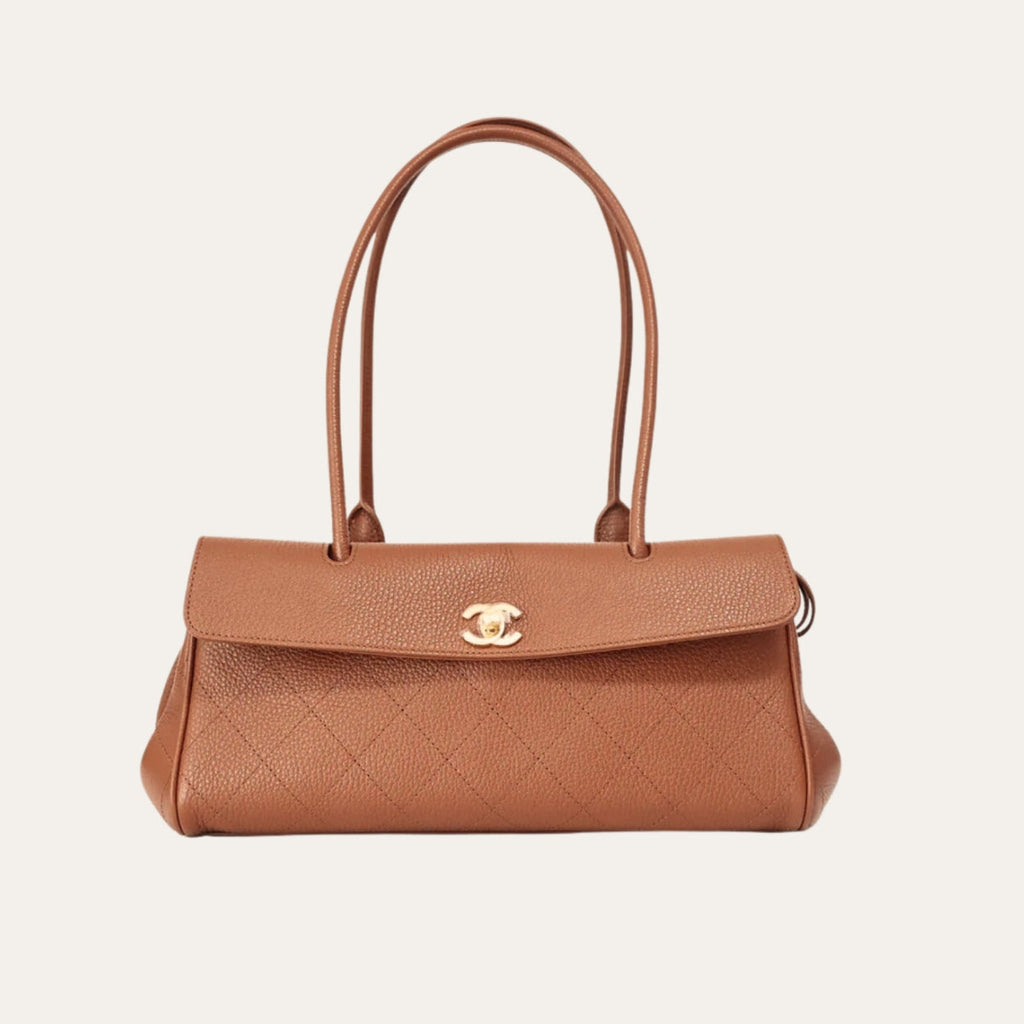 Chanel Small Shopping Shoulder Bag Camel Gold Hardware 12.6 Inches