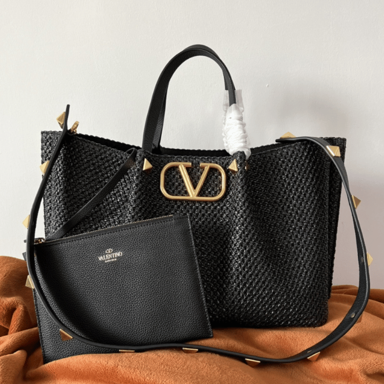 Valentino Vlogo Raffia Tote Bag Black 13.8 Inches