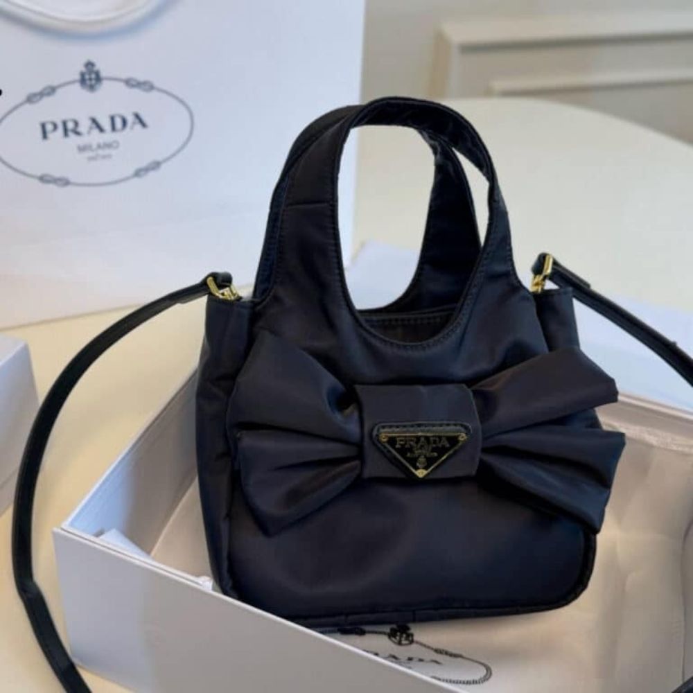 Prada Padded Re Nylon Mini Bag With Bow Black 7.5 Inches 1Ba359 Rp0C F0002 V Oxo