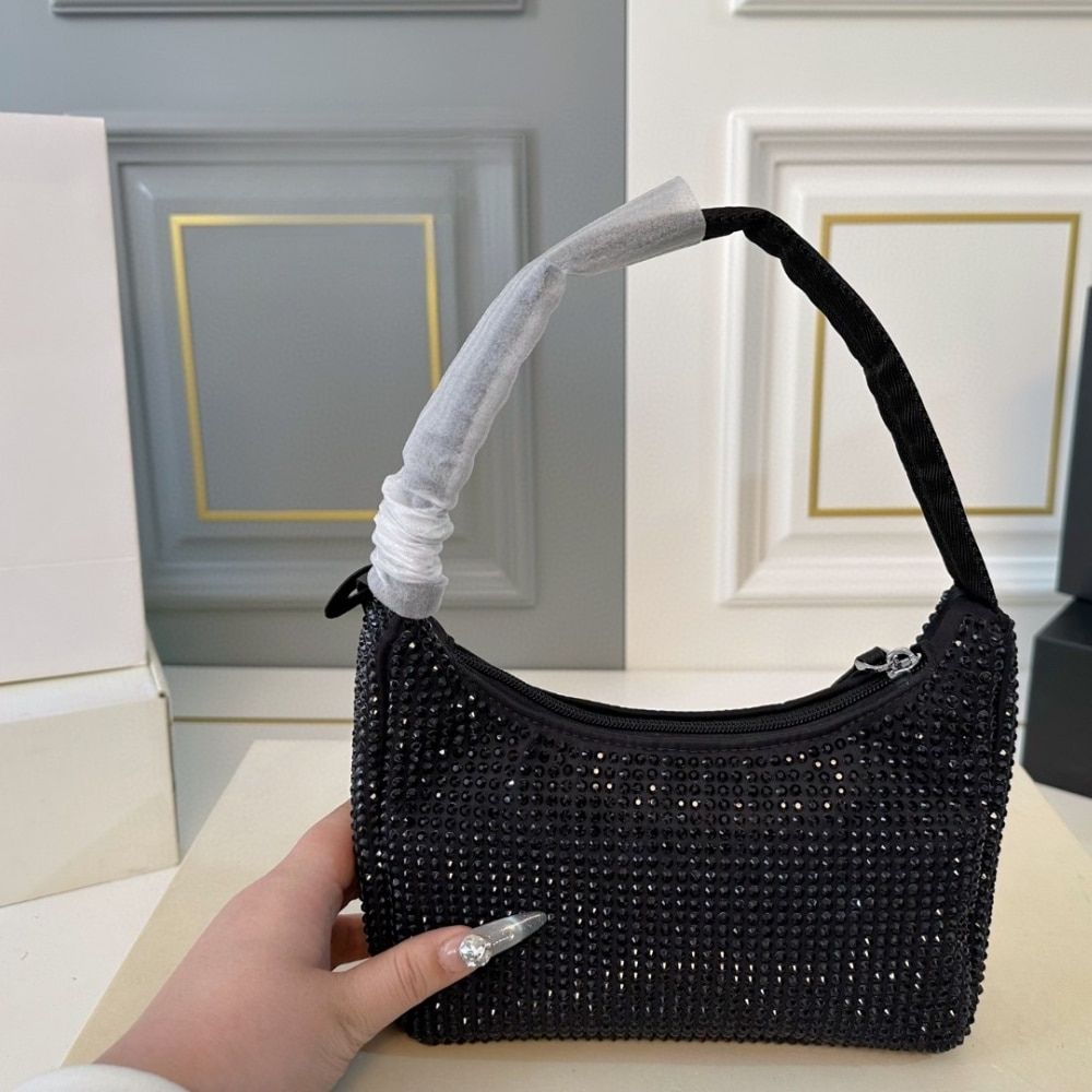 Prada Re Edition Satin Mini Bag With Crystals Black 8.3 Inches 1Bc515 2Awl F0002 V Ooo