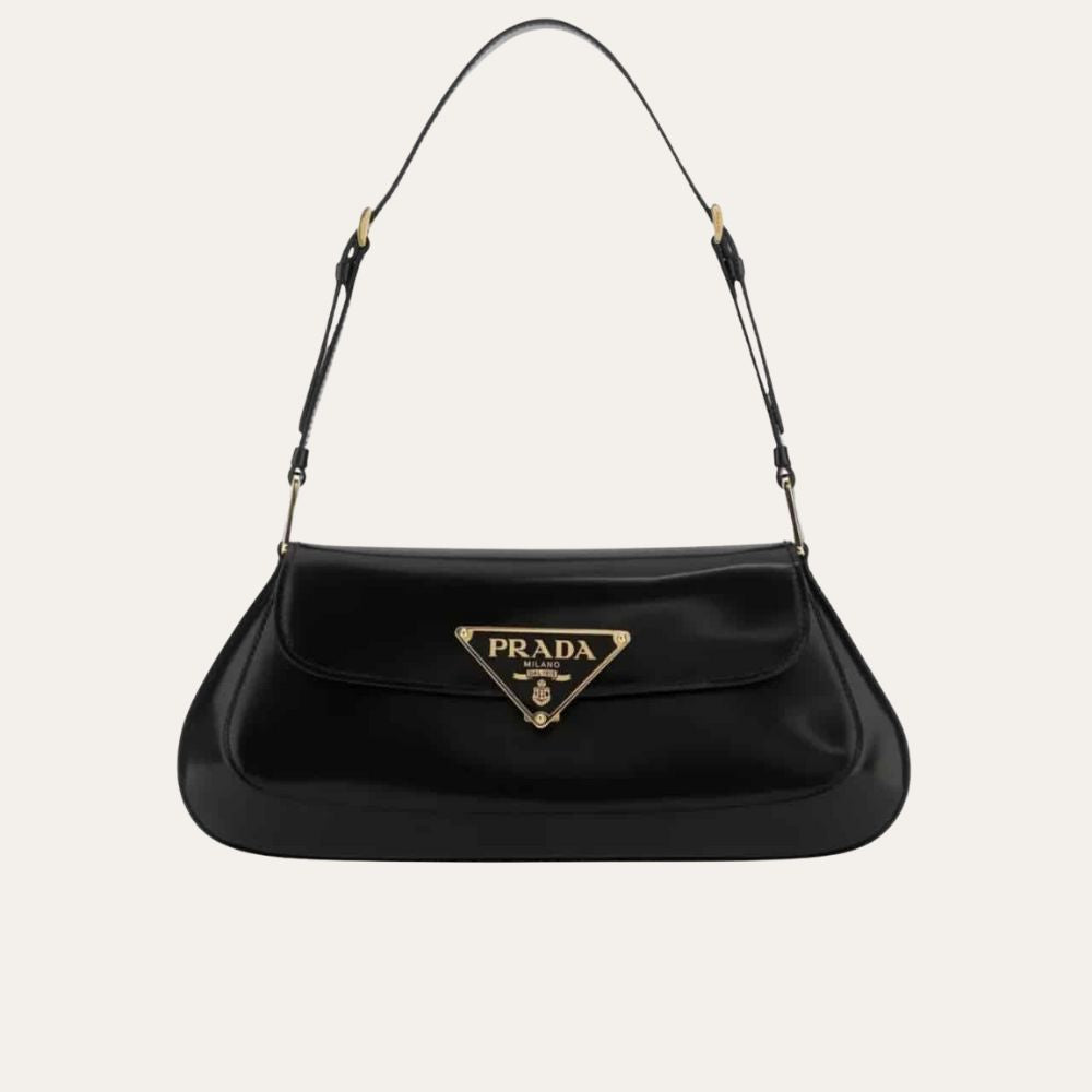 Prada Cleo Bag In Brushed Leather With Triangle Logo Black 9.4 Inches