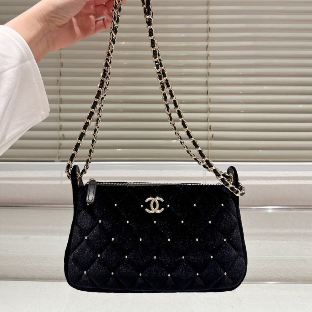 Chanel Velvet Crystal Quilted Chain Hobo Bag In Black 8.7 Inches AP4861 B17652 93405