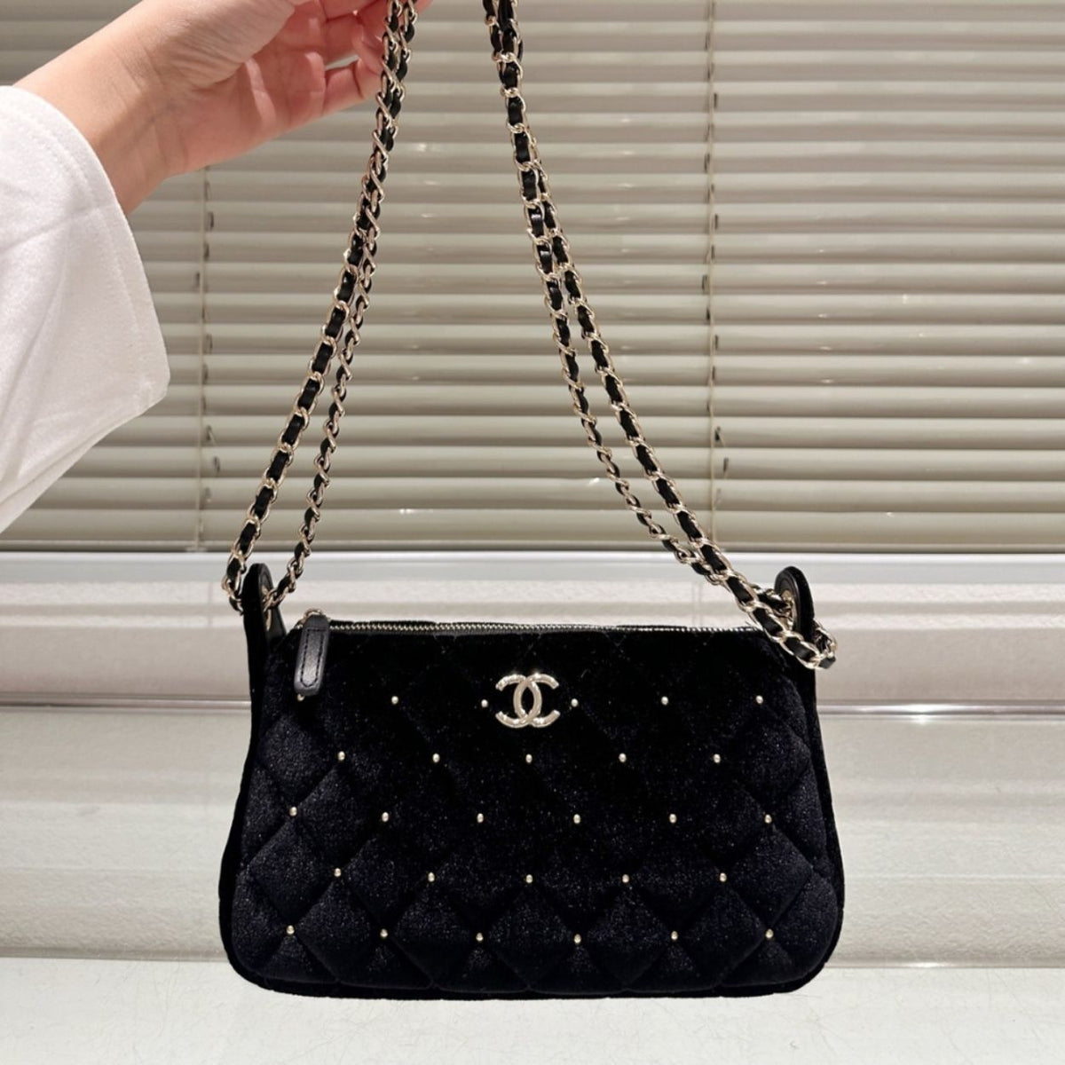 Chanel Velvet Crystal Quilted Chain Hobo Bag In Black 8.7 Inches AP4861 B17652 93405