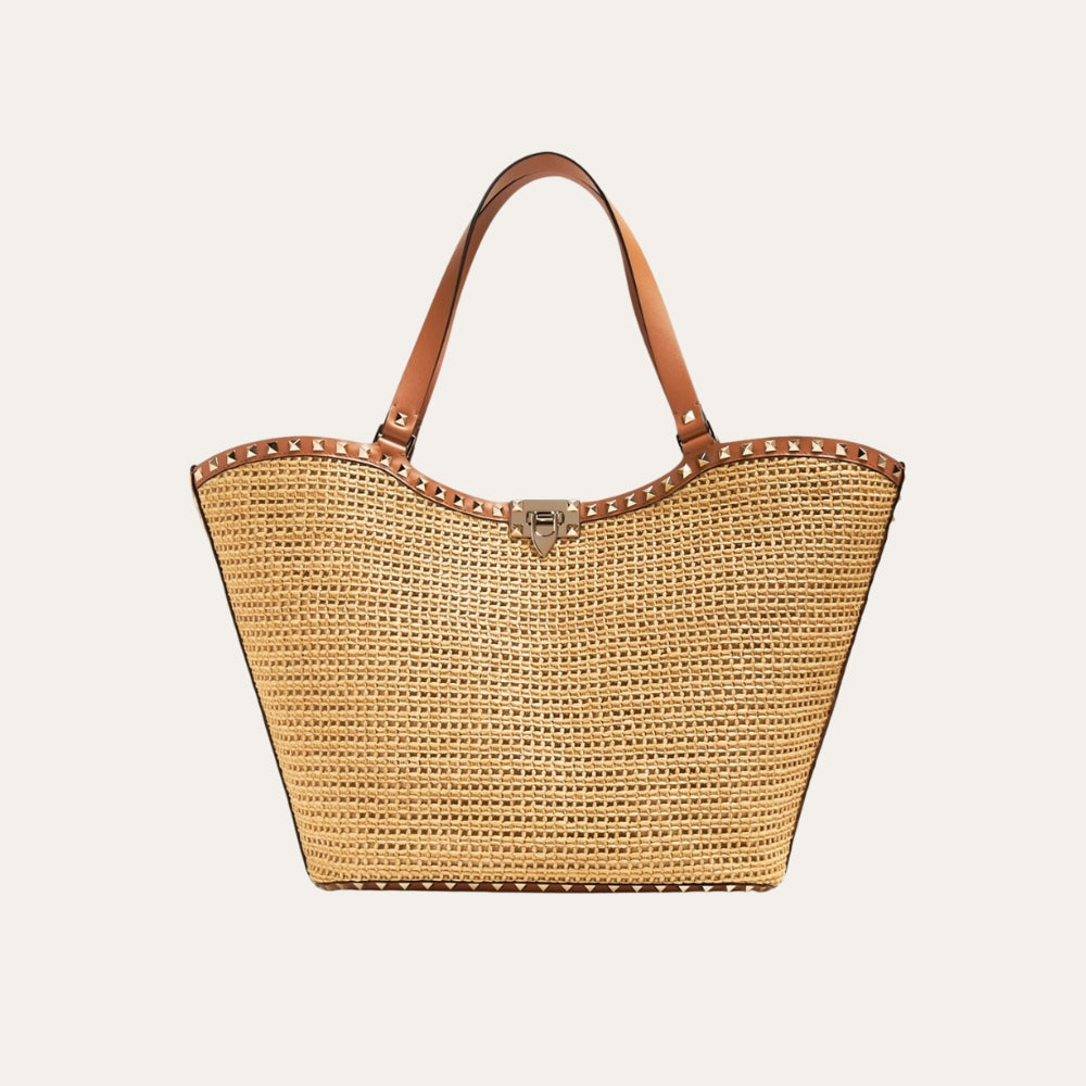Valentino Garavani Rockstud Raffia Tote Bag Brown 31cm