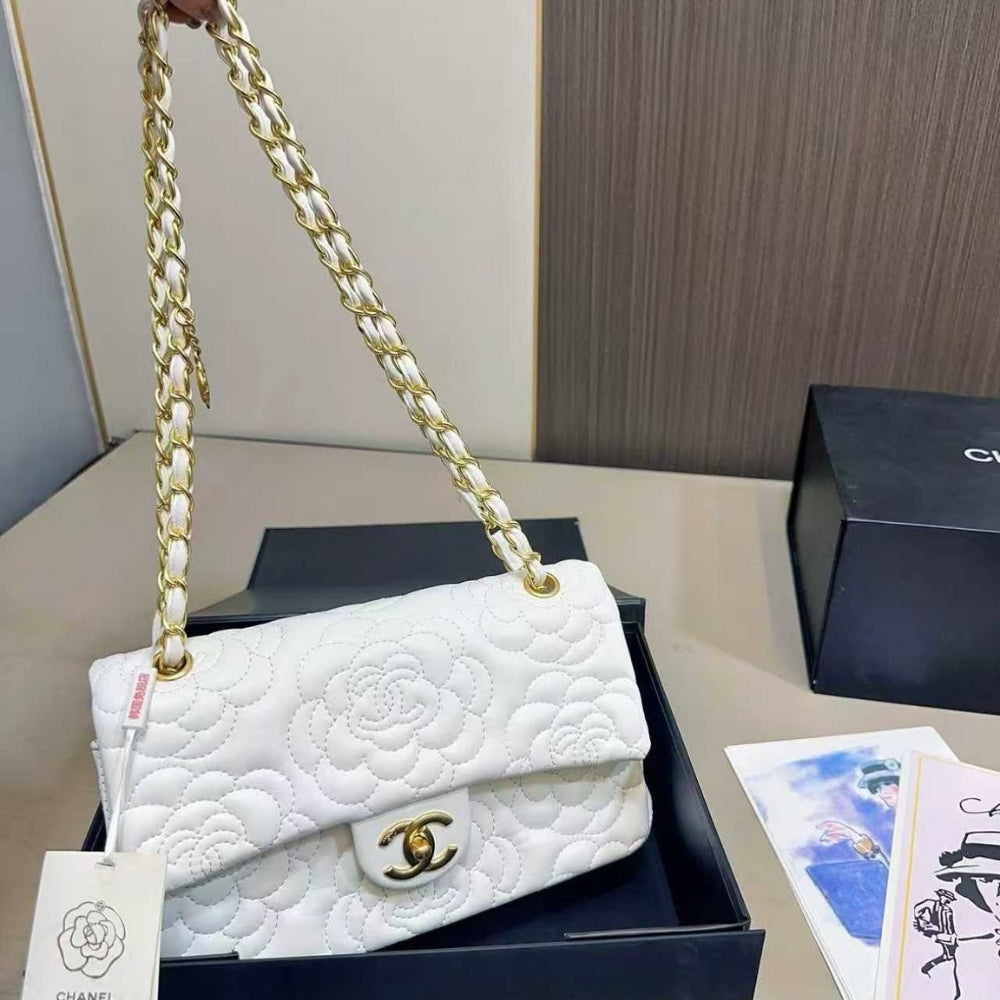 Chanel Flap Bag With Camellia Flower Chain White 26cm