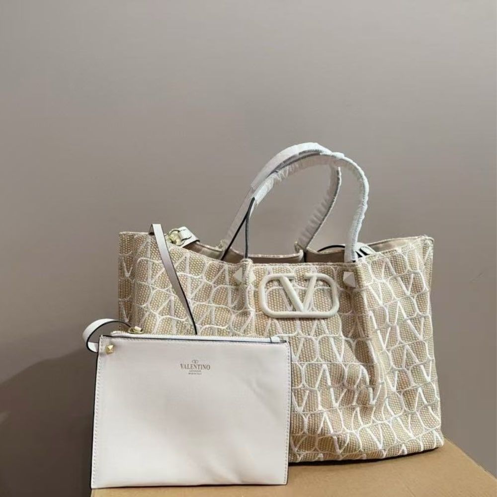 Valentino Garavani VLogo Embroidered Raffia Tote Beige 13.8 Inches