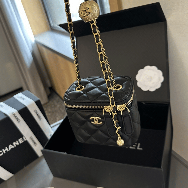 Chanel Mini Vanity Case With Gold Ball Black 4.3 Inches
