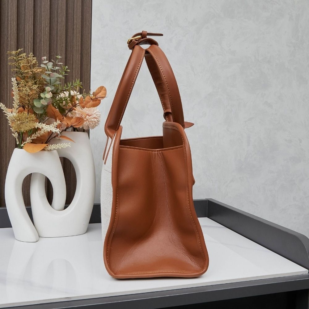 Prada Medium Blend And Leather Tote Bag Tan And Caramel 13 Inches 1BG572 2HJA F0KFZ V OOZ