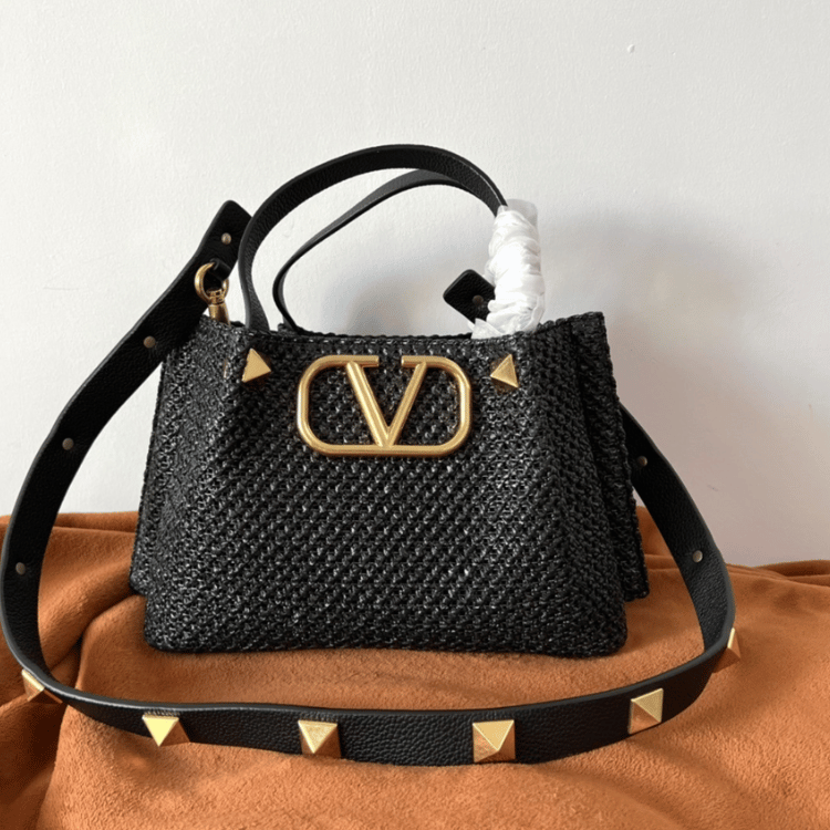 Valentino Vlogo Raffia Tote Bag Black 9.8 Inches