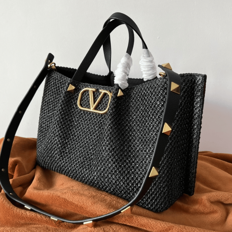 Valentino Vlogo Raffia Tote Bag Black 13.8 Inches