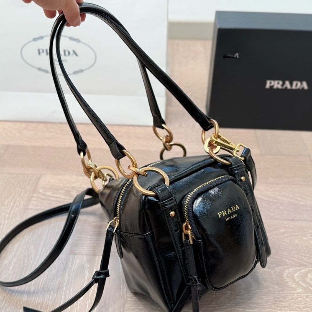Prada Dangle Leather Top Handle Mini Bag Black 6.3 Inches 1BB137 2CYR F0002 V OOO