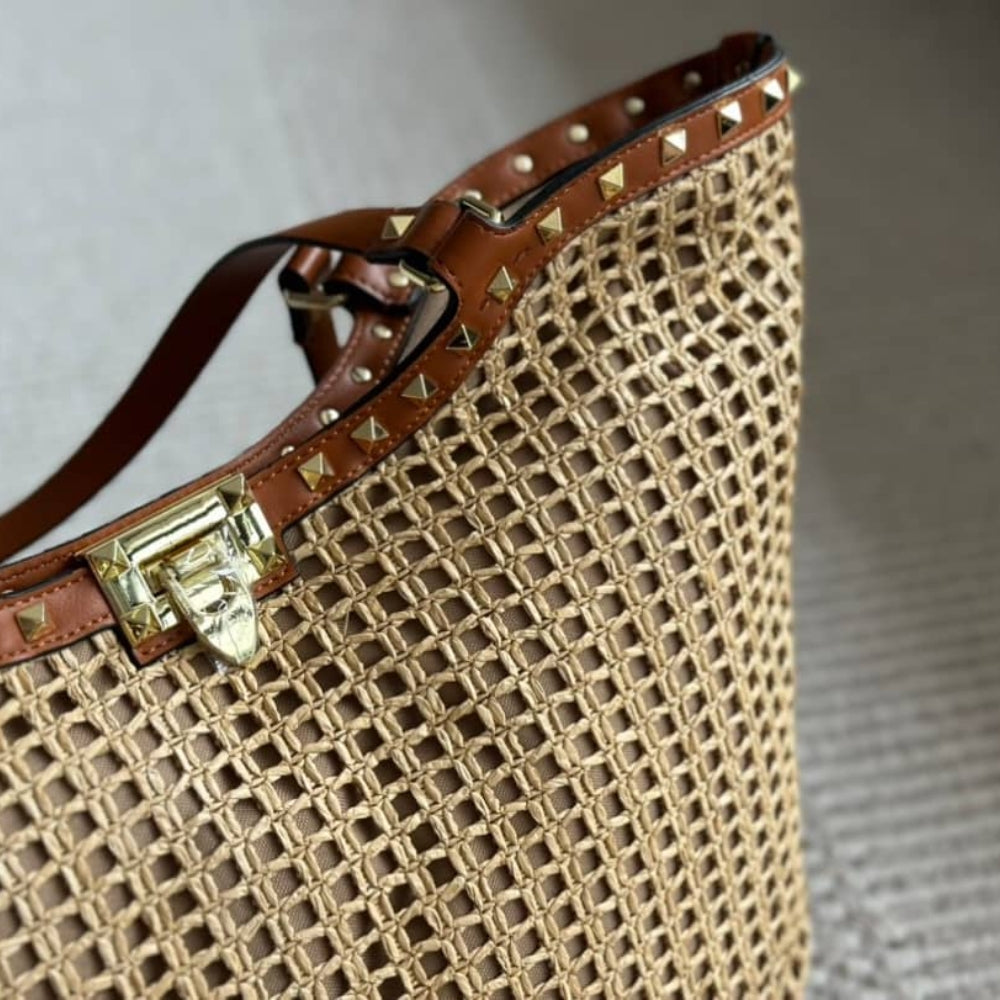 Valentino Garavani Rockstud Raffia Tote Bag Brown 31cm