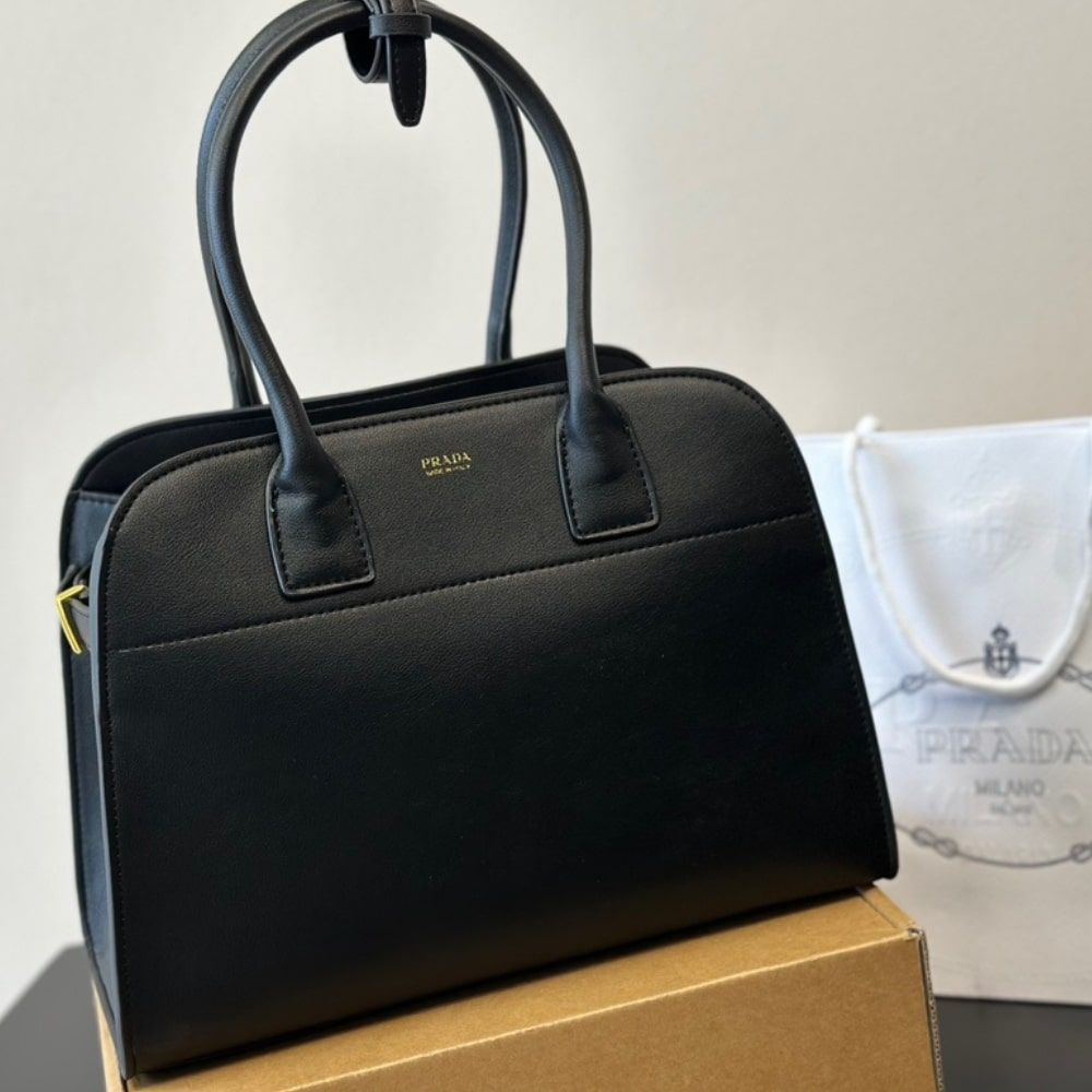 Prada Medium Leather Tote Bag Black 12.6 Inches 1Bg538 2Cys F0002 V Ooo