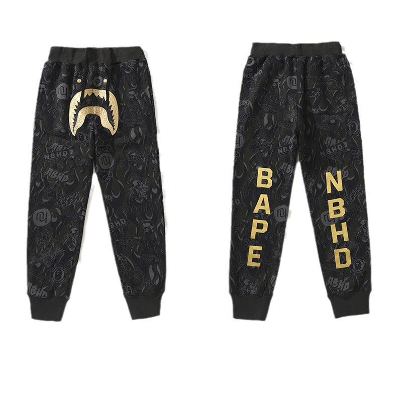 BAPE Gold Letter Print Full-Length Pants