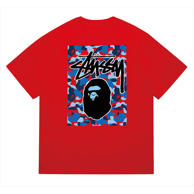 BAPE x Stussy Ape Head Tee - Red & Gray