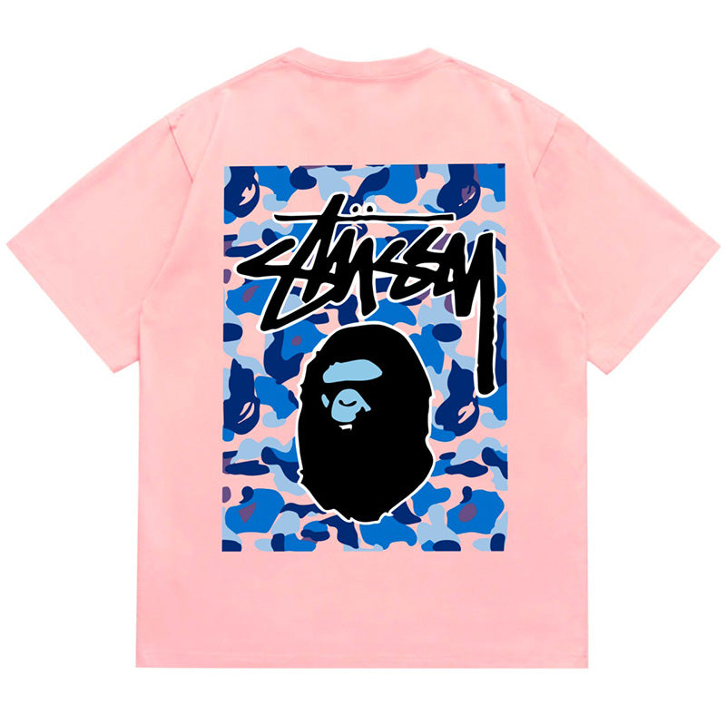 BAPE x Stussy Ape Head Tee - White & Pink