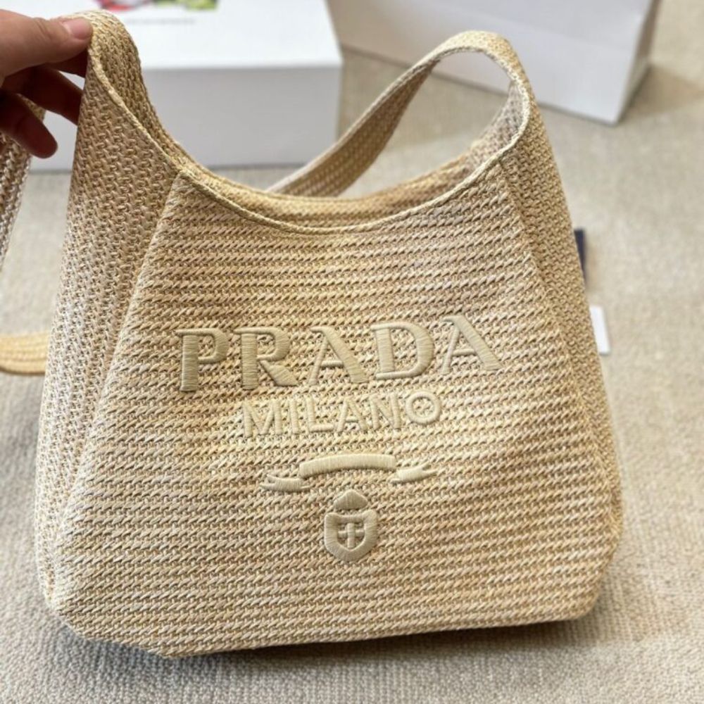 Prada Logo Embossed Raffia Shoulder Bag Beige 13 Inches 1Bc186Vouo2A2T