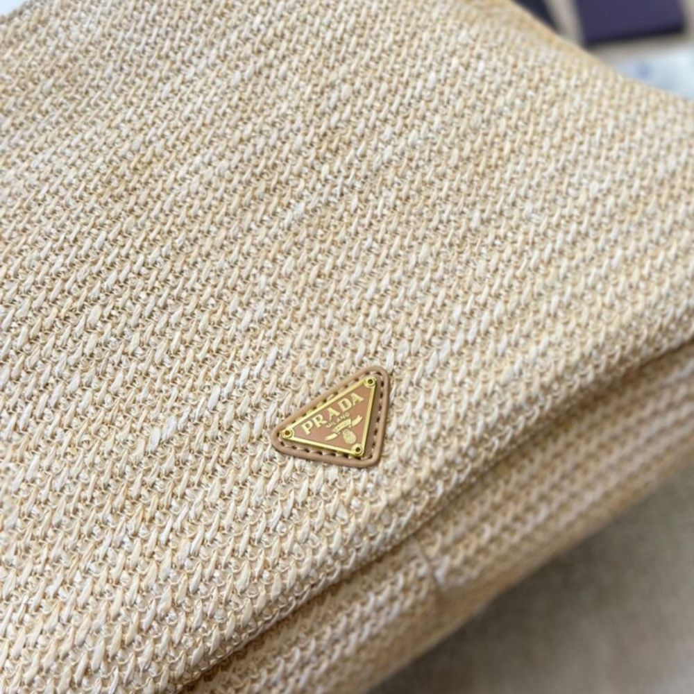 Prada Logo Embossed Raffia Shoulder Bag Beige 13 Inches 1Bc186Vouo2A2T