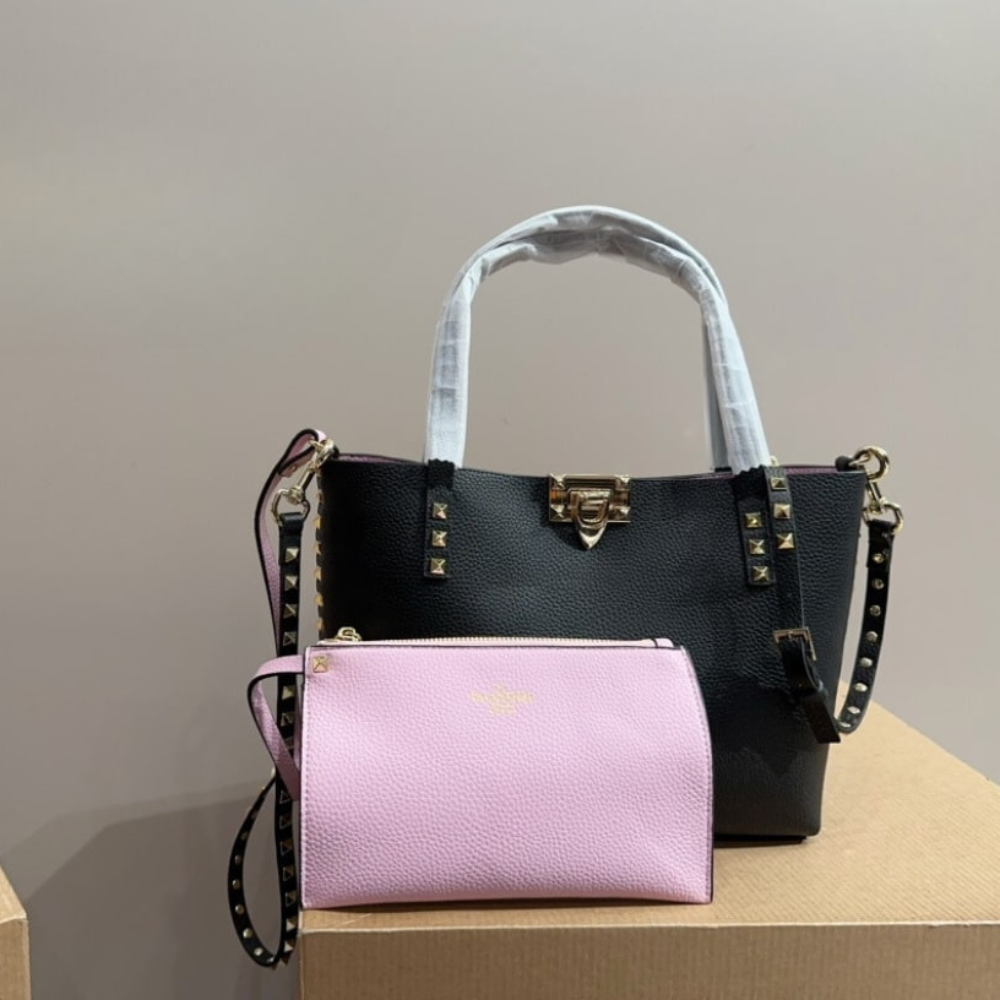 Valentino Garavani Rockstud Calfskin Small Tote Bag Black 26Cm