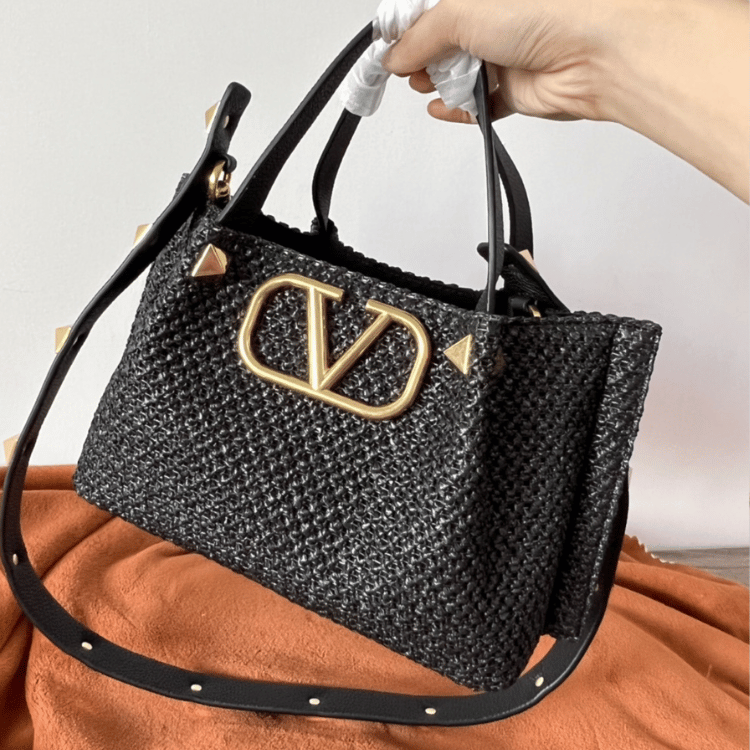 Valentino Vlogo Raffia Tote Bag Black 9.8 Inches
