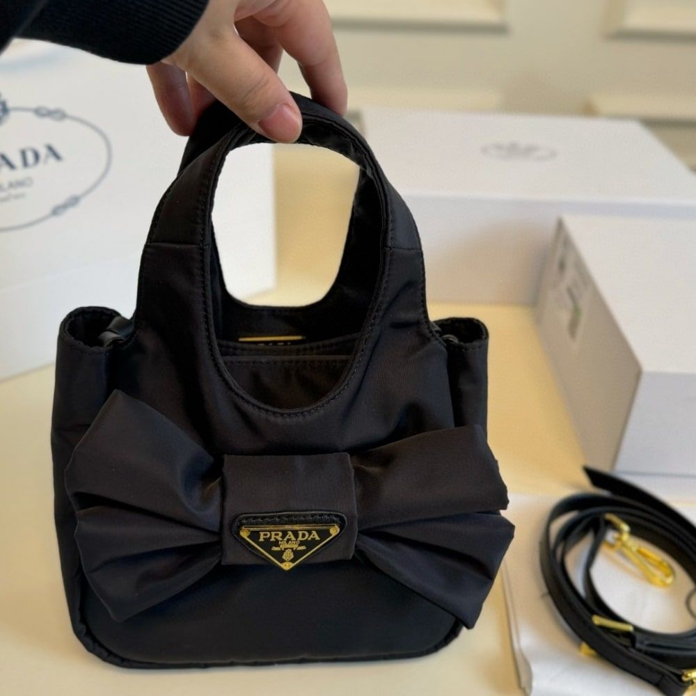 Prada Padded Re Nylon Mini Bag With Bow Black 7.5 Inches 1Ba359 Rp0C F0002 V Oxo