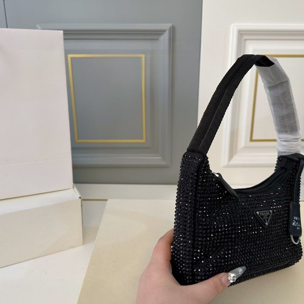 Prada Re Edition Satin Mini Bag With Crystals Black 8.3 Inches 1Bc515 2Awl F0002 V Ooo