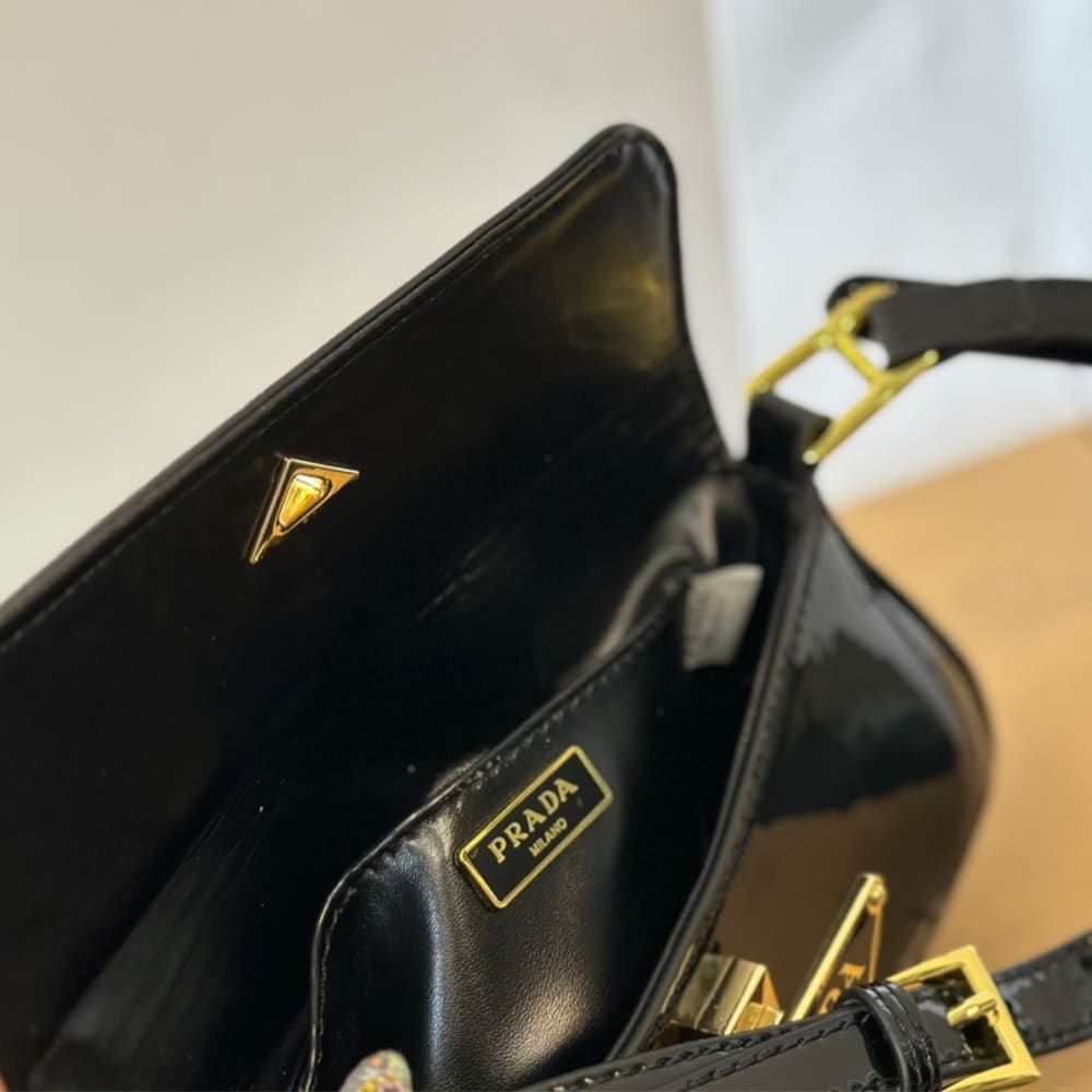 Prada Cleo Bag In Brushed Leather With Triangle Logo Black 9.4 Inches