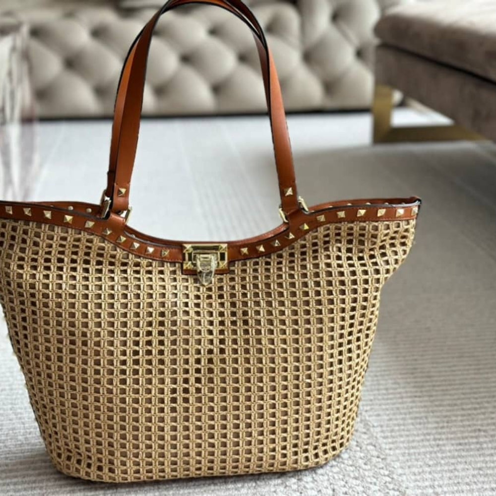 Valentino Garavani Rockstud Raffia Tote Bag Brown 31cm
