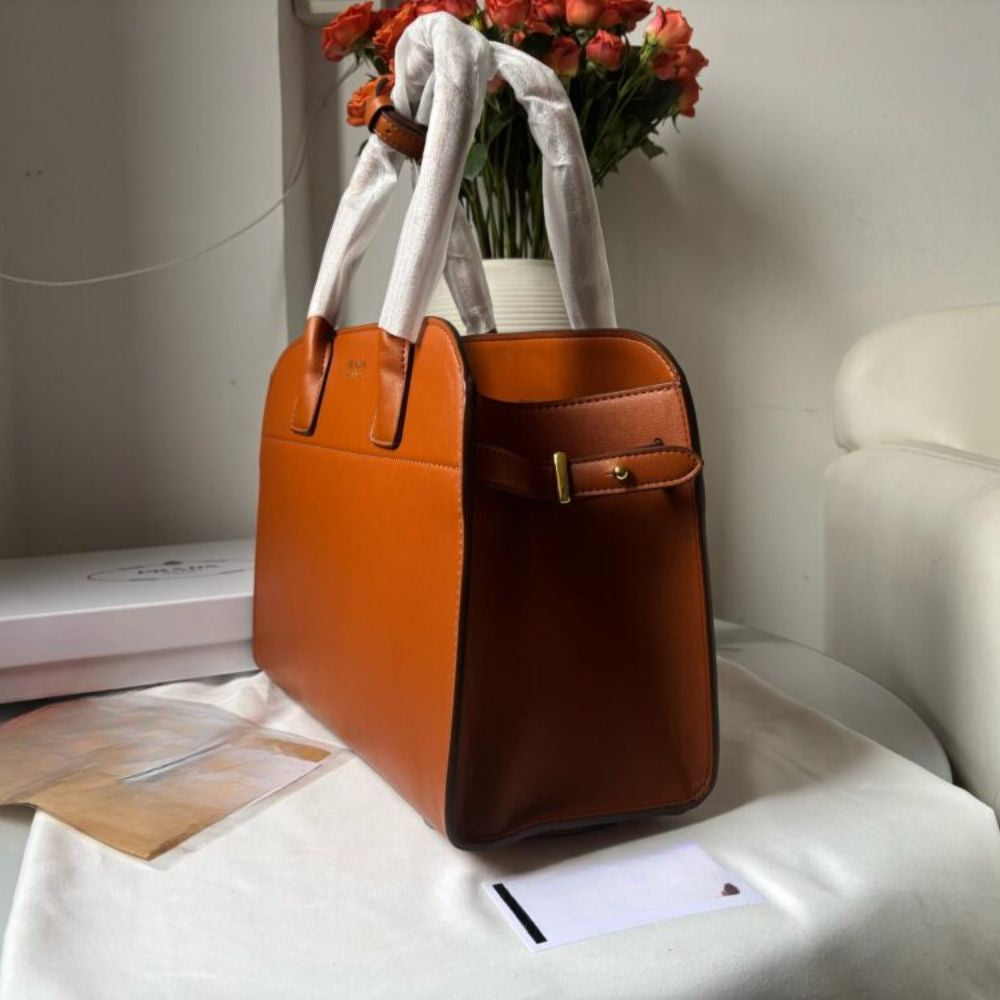 Prada Medium Leather Tote Bag Dark Orange 12.6 Inches 1Bg517 2Cys F03Bh V Ooo