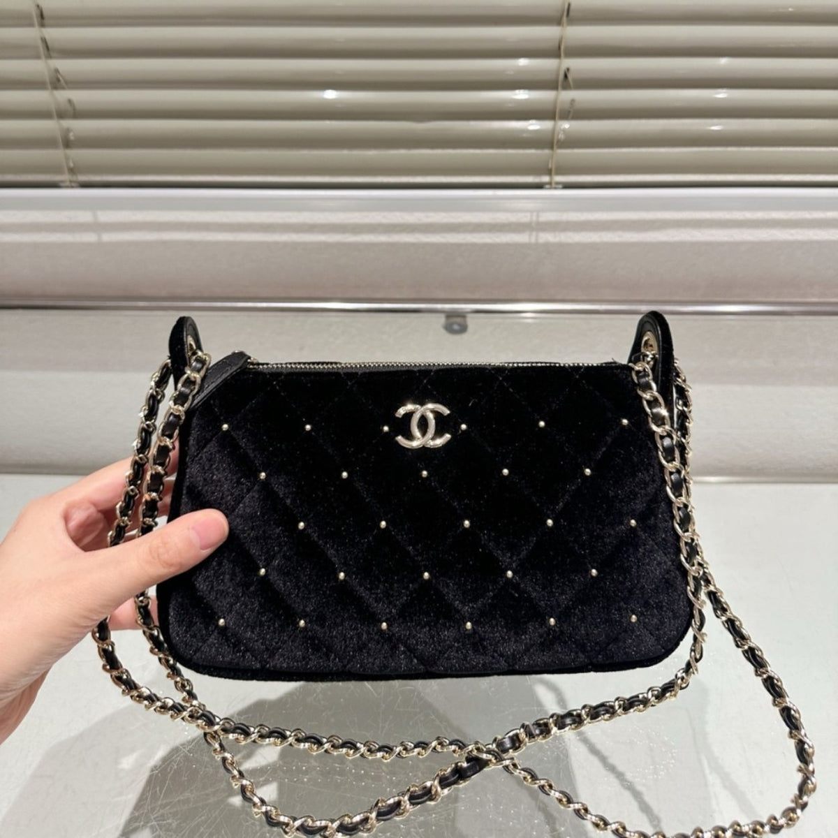 Chanel Velvet Crystal Quilted Chain Hobo Bag In Black 8.7 Inches AP4861 B17652 93405