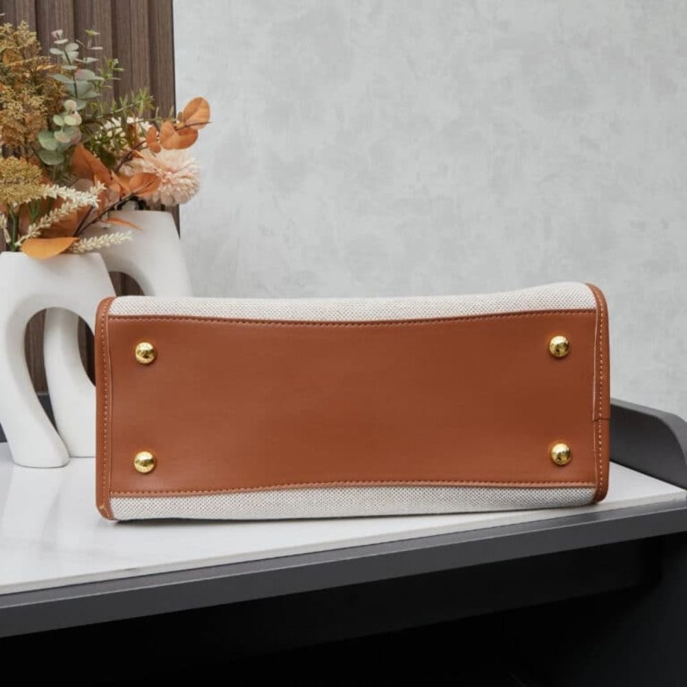 Prada Medium Blend And Leather Tote Bag Tan And Caramel 13 Inches 1BG572 2HJA F0KFZ V OOZ