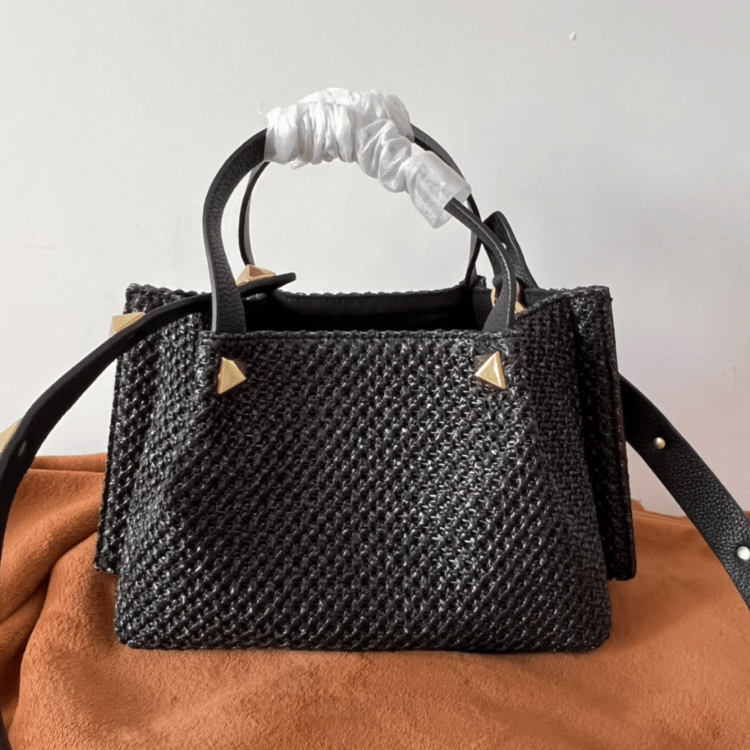 Valentino Vlogo Raffia Tote Bag Black 9.8 Inches
