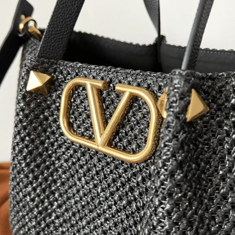 Valentino Vlogo Raffia Tote Bag Black 13.8 Inches