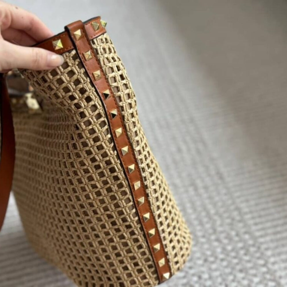 Valentino Garavani Rockstud Raffia Tote Bag Brown 31cm