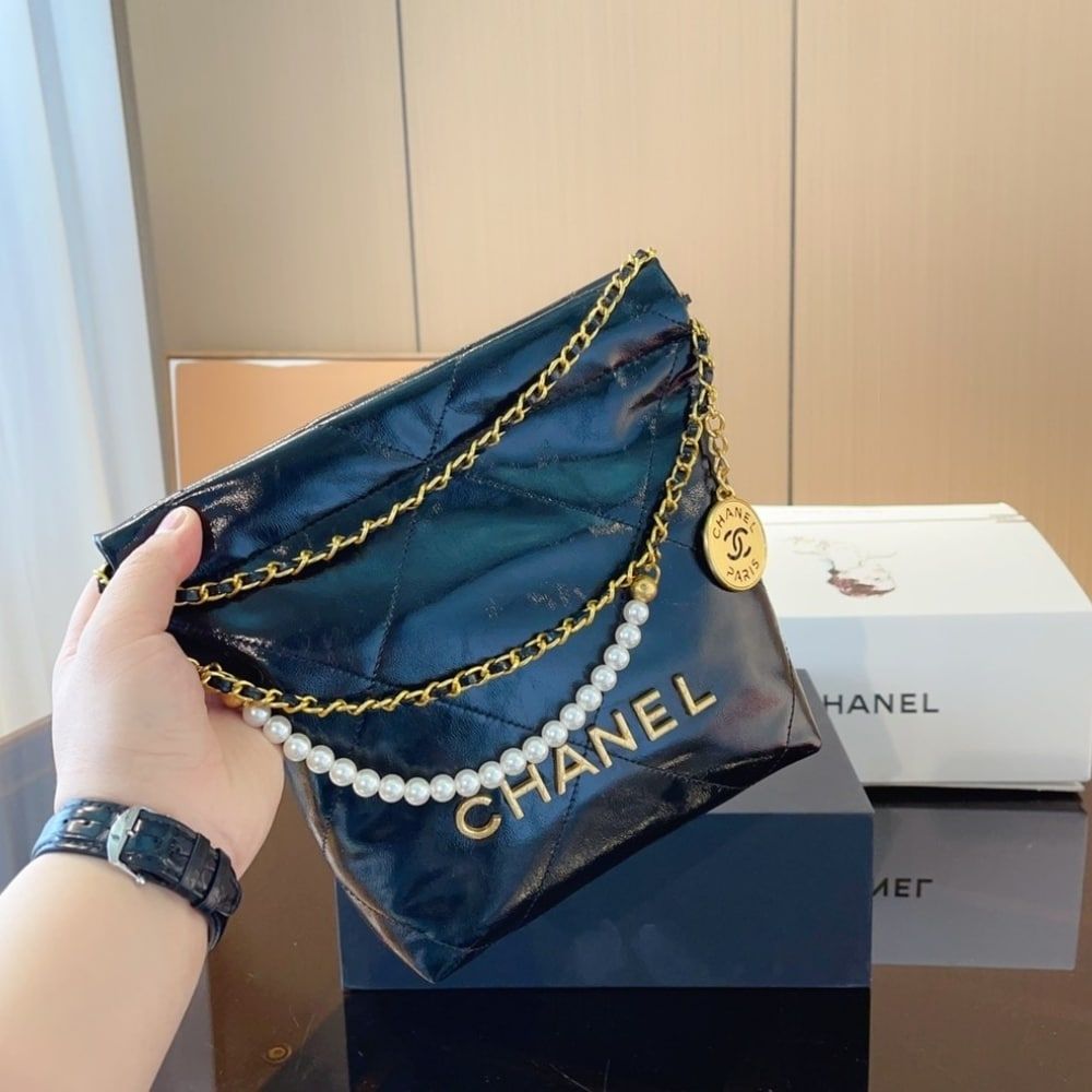 Chanel 22 Mini Handbag Shiny Crystal Pearls Gold Tone Metal Black 7.8 Inches As3980 B10672 94305