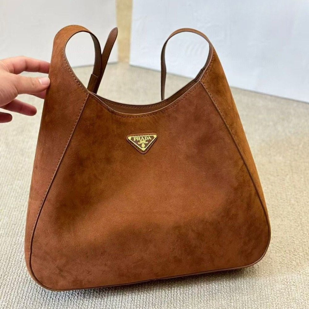 Prada Suede Hobo Bag Brown 13.4 Inches 1BC181 2C4S F0324