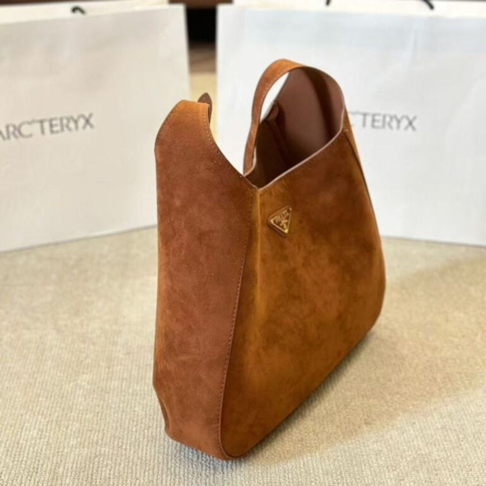 Prada Suede Hobo Bag Brown 13.4 Inches 1BC181 2C4S F0324