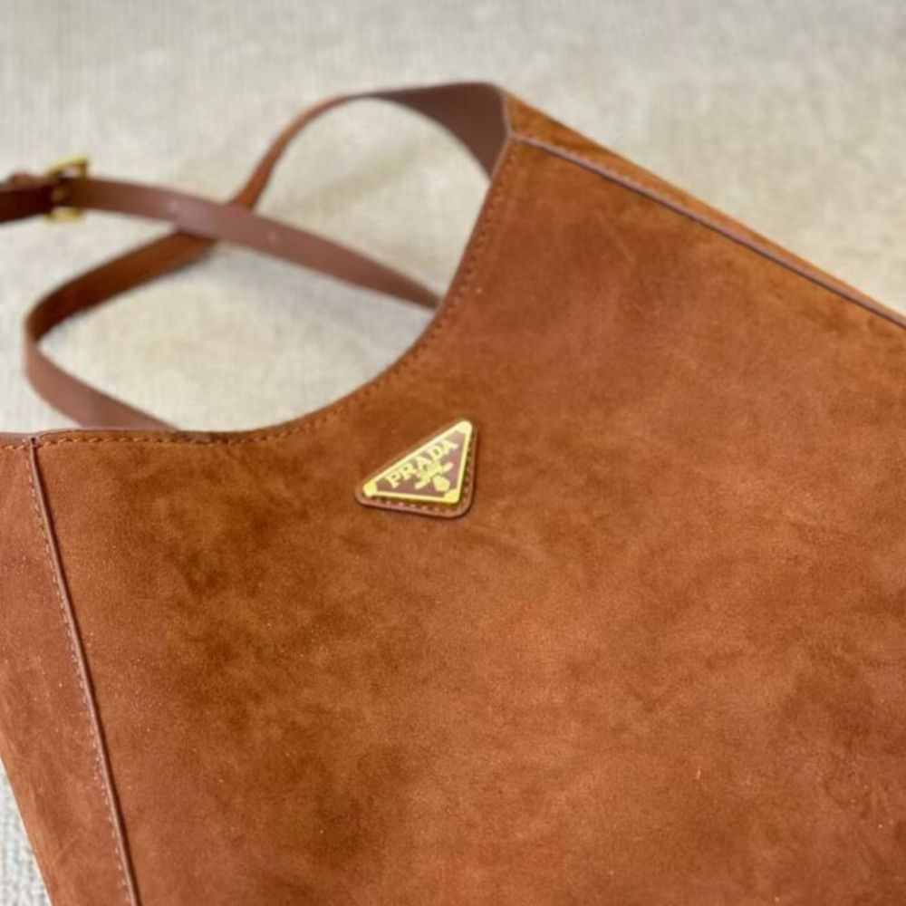 Prada Suede Hobo Bag Brown 13.4 Inches 1BC181 2C4S F0324