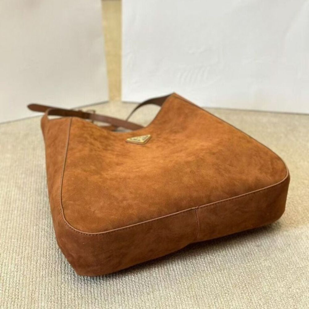 Prada Suede Hobo Bag Brown 13.4 Inches 1BC181 2C4S F0324