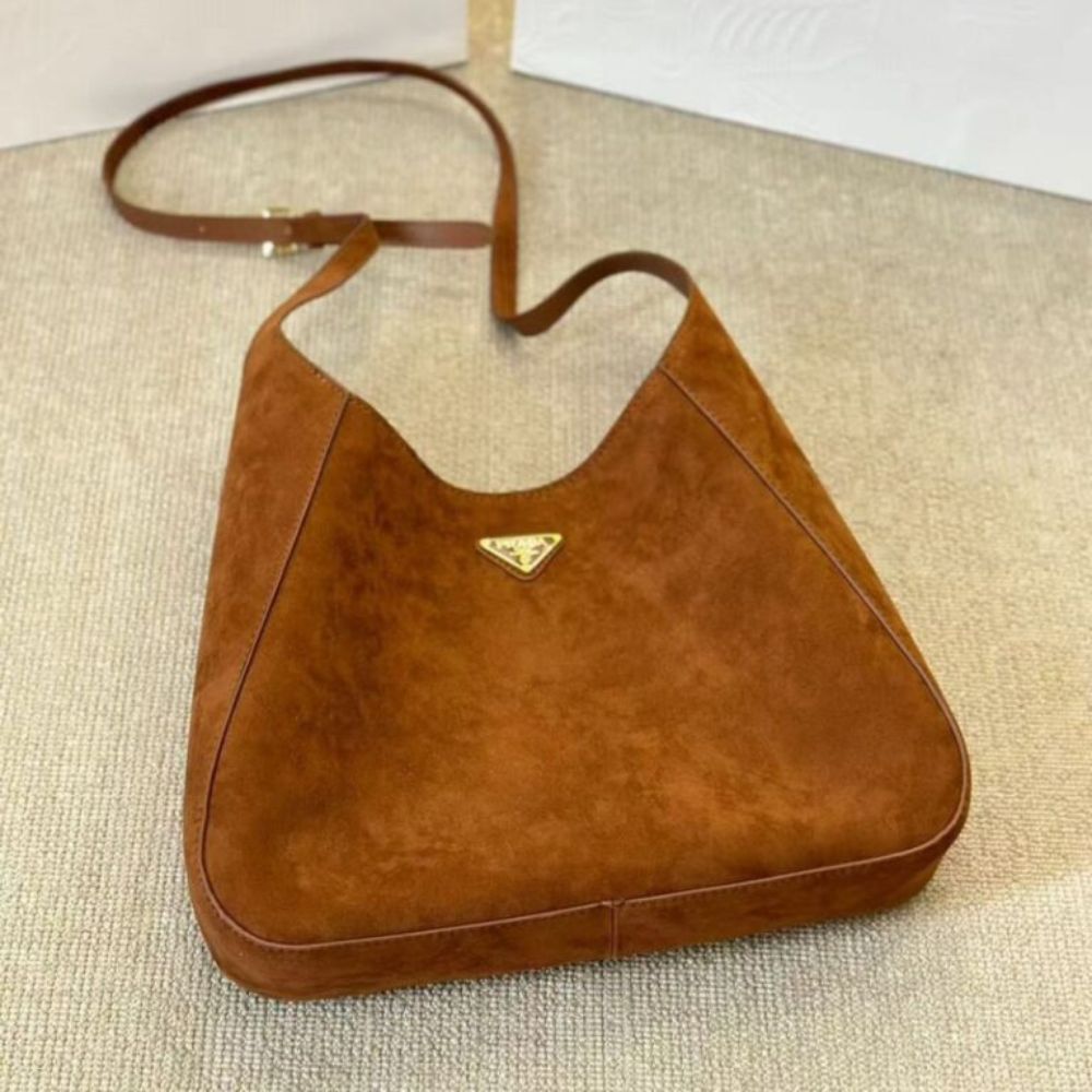 Prada Suede Hobo Bag Brown 13.4 Inches 1BC181 2C4S F0324