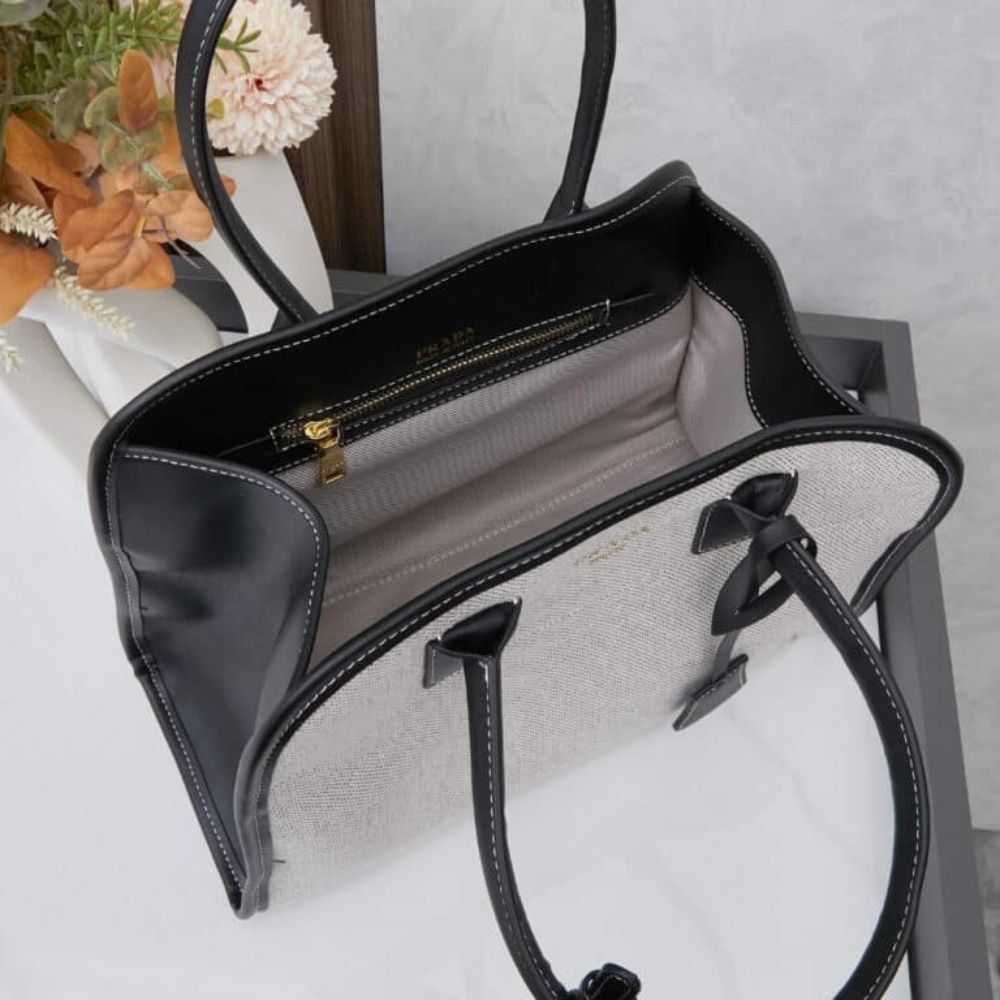 Prada Medium Blend And Leather Tote Bag Black 13 Inches 1BG572 2HJA F0I55 V OOZ