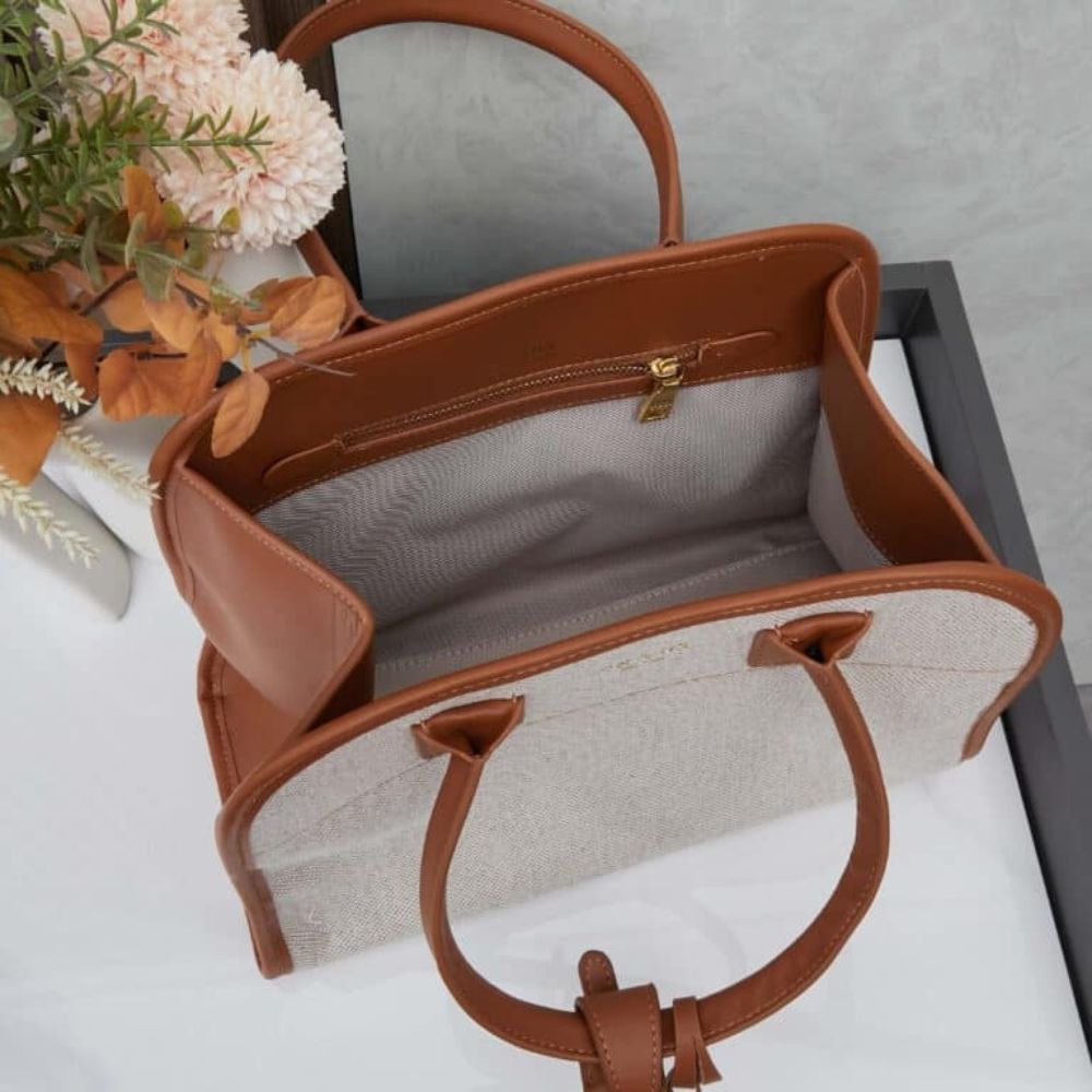 Prada Medium Blend And Leather Tote Bag Tan And Caramel 13 Inches 1BG572 2HJA F0KFZ V OOZ