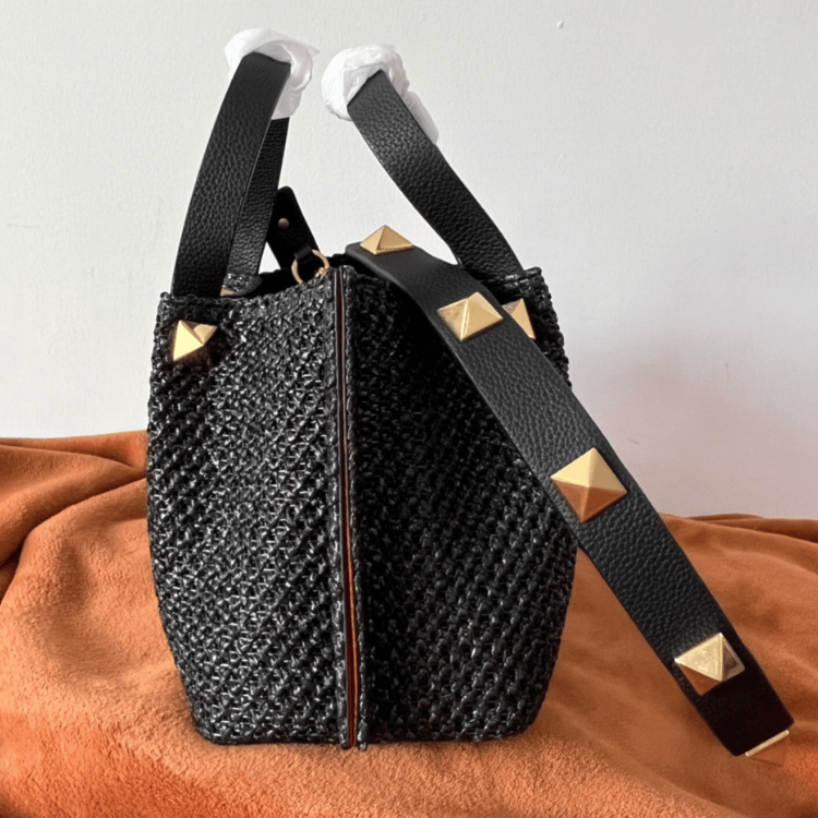 Valentino Vlogo Raffia Tote Bag Black 9.8 Inches