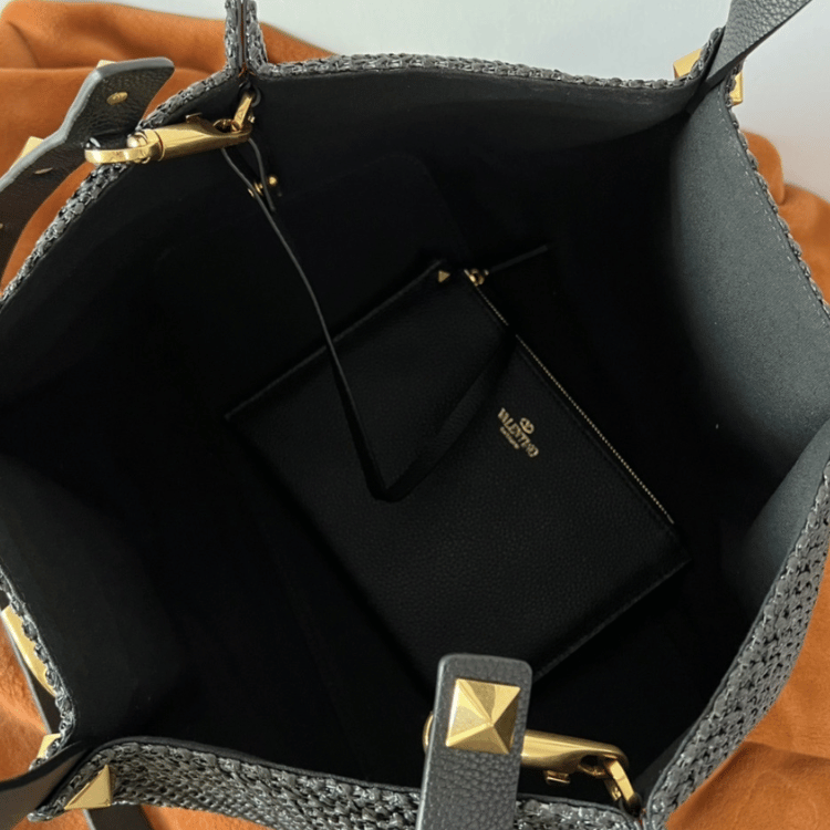 Valentino Vlogo Raffia Tote Bag Black 13.8 Inches