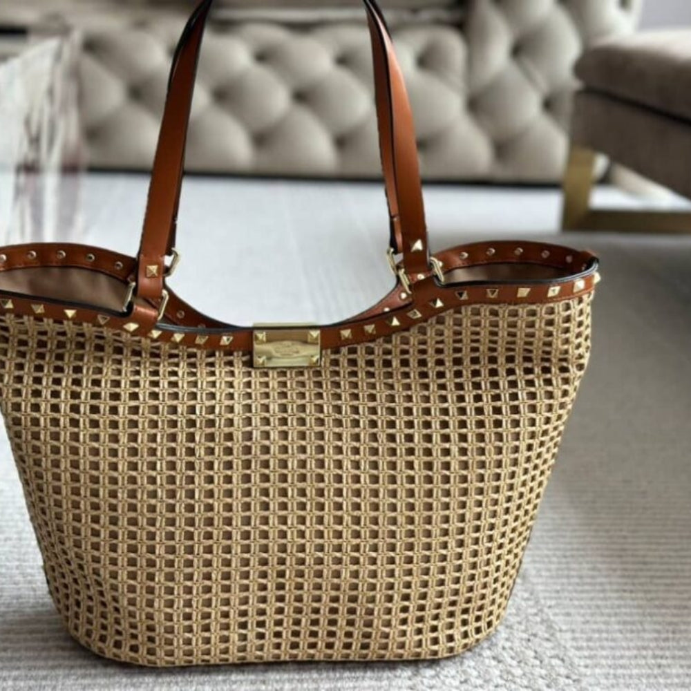 Valentino Garavani Rockstud Raffia Tote Bag Brown 31cm