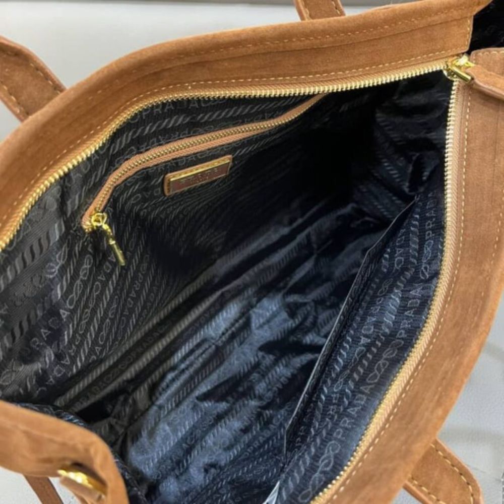 Prada Bonnie Large Suede Handbag Brown 15 Inches 1BA433 2C4S F0401 V MOO