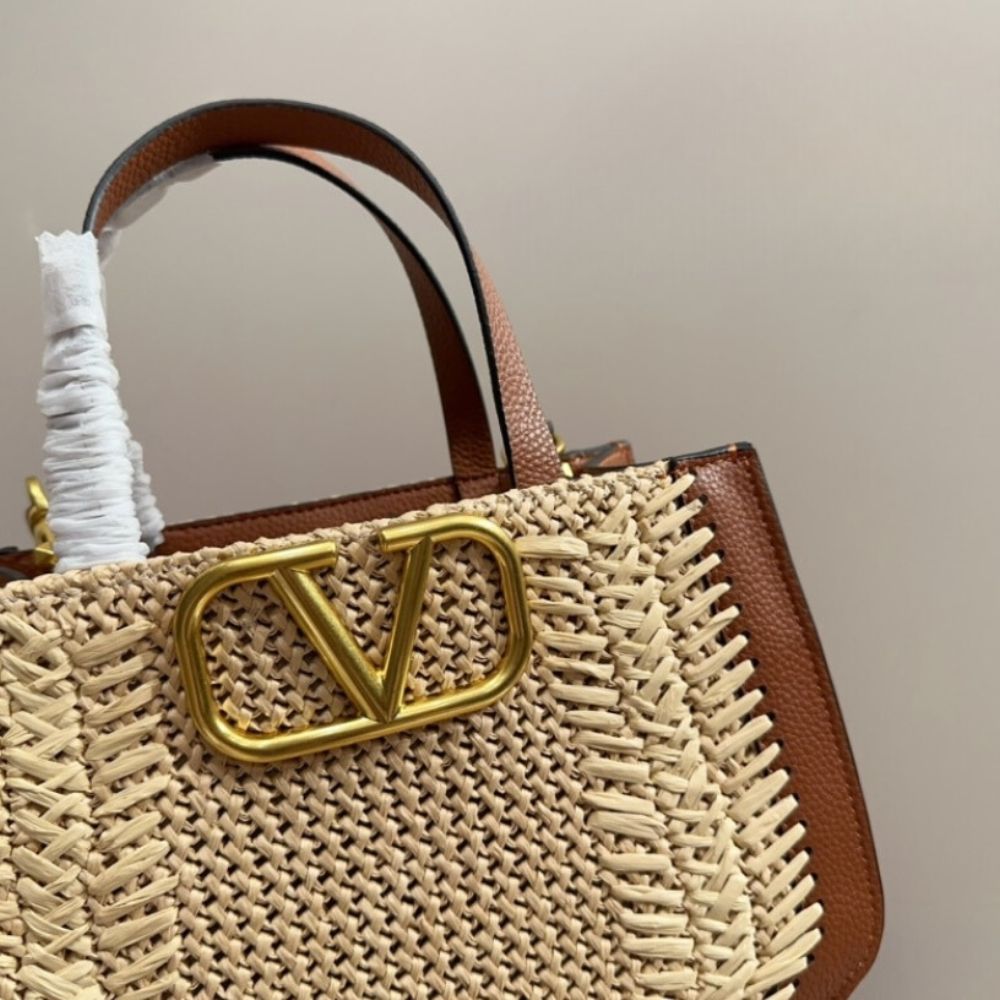 Valentino Garavani VLogo Signature Handbag With Raffia Embroidery 8.7 Inches